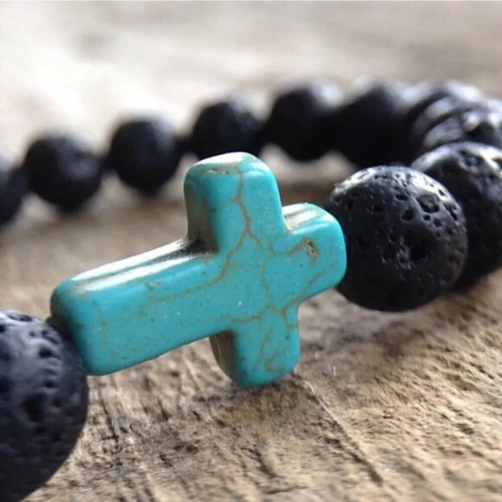 Turquoise Cross Black Lava Stone Beaded Bracelet 8mm Beads - Size 8 Inches